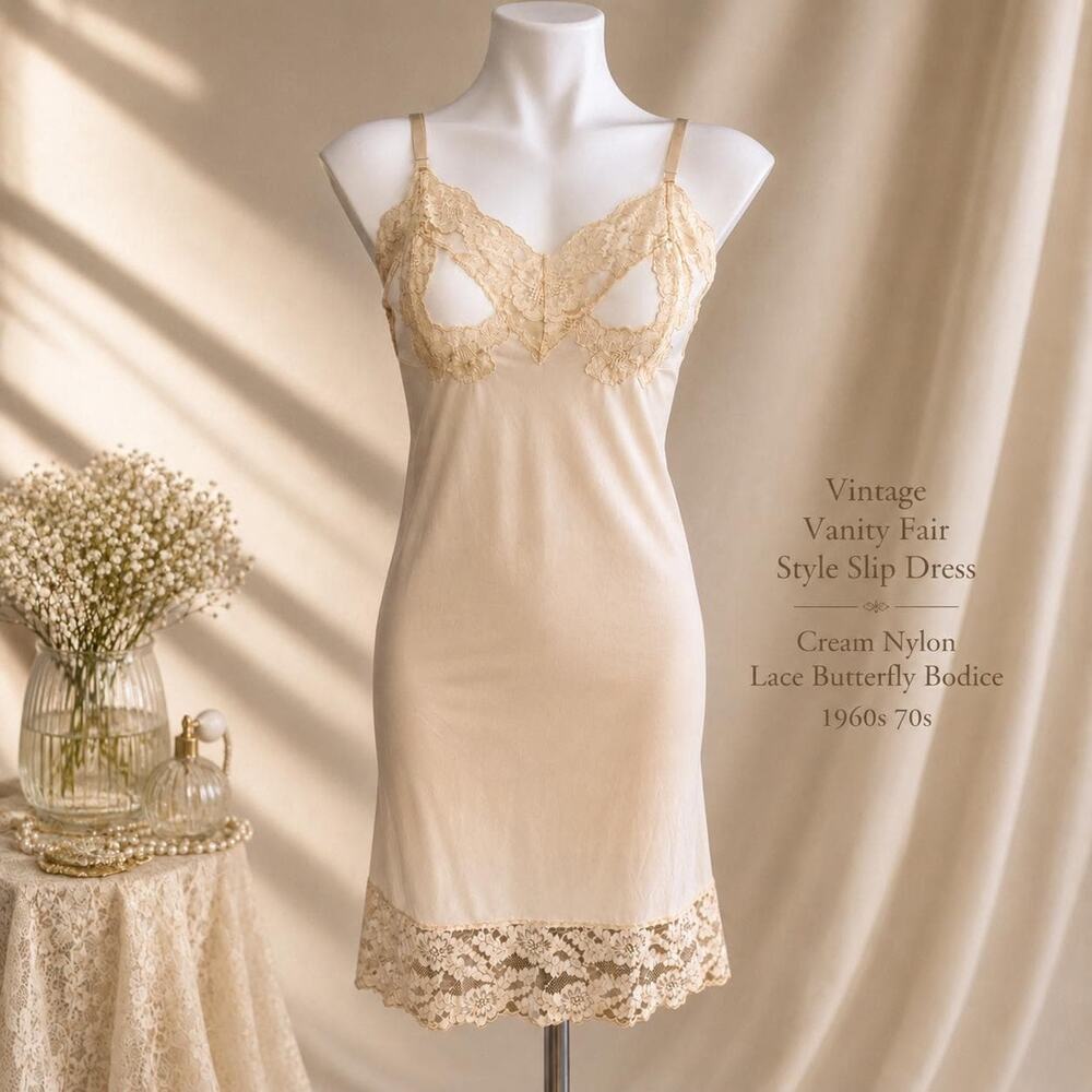 Vintage Vanity Fair Style Slip Dress Cream Nylon Lace Butterfly Bodice 1960s 70s